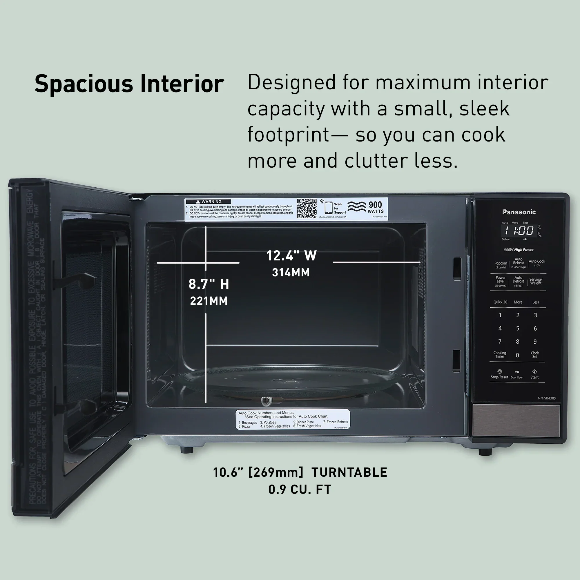 0.9 cu.ft. Compact Microwave Oven, 900W - NN-SB438S